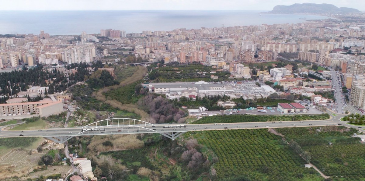 Render del progetto per la costruzione di un ponte sul fiume Oreto per permettere il transito a pedoni