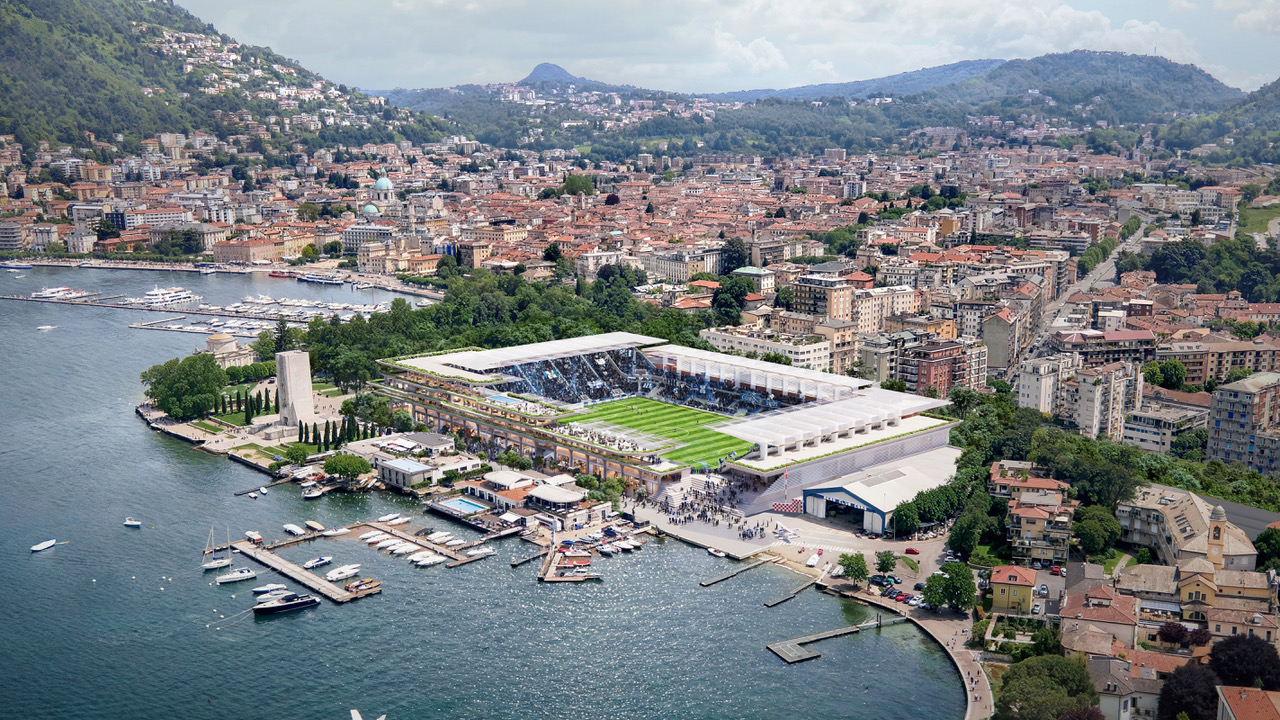 Como Aerial View - Image shows potential concept designs for the redevelopment of the Stadio Giuseppe Sinigaglia, home of Como 1907 ©Populous